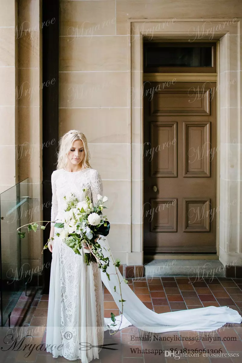 Vintage Lace Bohemian Wedding Dresses French Lace Long Sleeve Boho Wedding Dress Open Back Floor Length Bridal Gown vestido de noiva