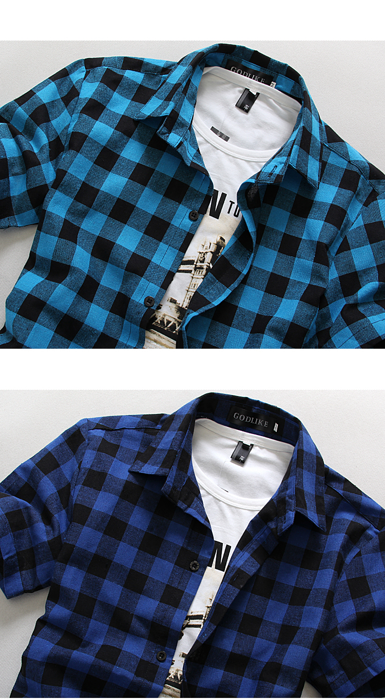 Men's Young Adult Casual Cotton Linen Plaid Button-up Short Sleeve Turn-Down Collar Slim Fit Student Shirt Top Outwear M-2XL Multicolor