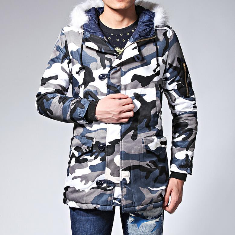 Wholesale-Men Camouflage Down Jackets New Winter Snow Fashion Brand Business Dress Camo Slim Fit Long Coats F0500