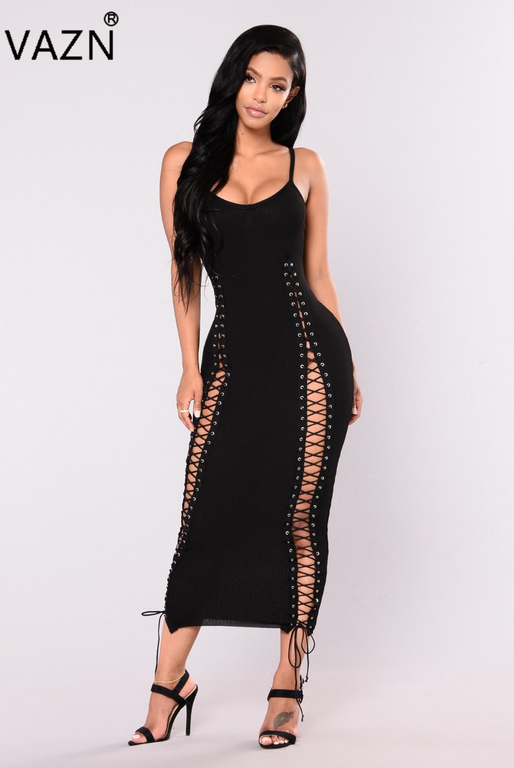 VAZN Women 2018 Hot Fashion Bandage Dress Sexy Strapless Club Dress Black Midi Summer Dress S3240 q1118