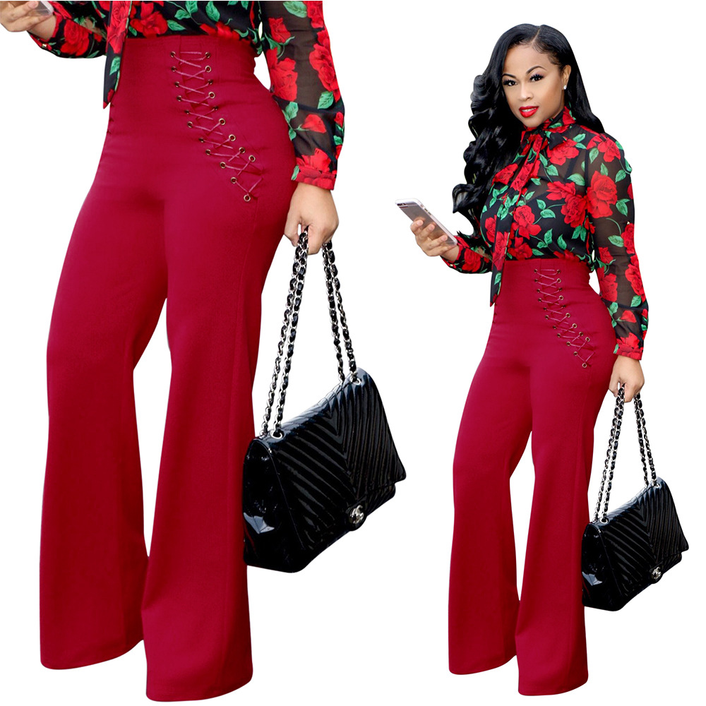 HAOYUAN Wide Leg Pants Autumn 2017 Women Palazzo High Waist Lace Up Cross Bandage OL Career Long Pants White Red Casual Trousers q1110