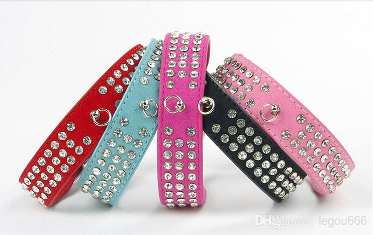 Suede Leather Rhie Dog Collar Crystal Diamante 3 Rows pet collarXS,S,M,L
