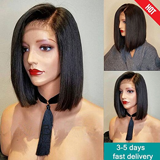 DIVA1 Bob straight human hair full lace wig with side bang 14inch glueless hd front brazilian wigs for black women