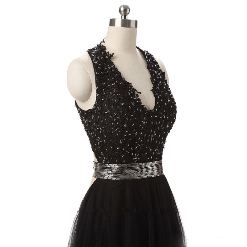 2017 Sexy V-Neck Backless Lace A-Line Formal Evening Dresses With Beading Tulle Floor-Length Plus Size Prom Party Celebrity Gowns BE24