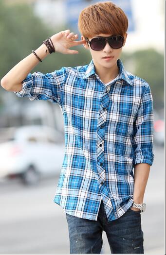 Wholesale-Promotion new Fashion Double pocket plaid short-sleeved shirts men casual slim fit shirts for men checked shirt,M-XXL