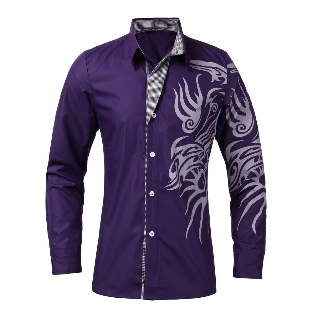 Podom 4 Color 2015 Men Autumn New Fashion Slim Long Sleeve Dress Shirts Novelty Dragon Tattoo Printed Casual Shirt Camisa S-XL FG1511