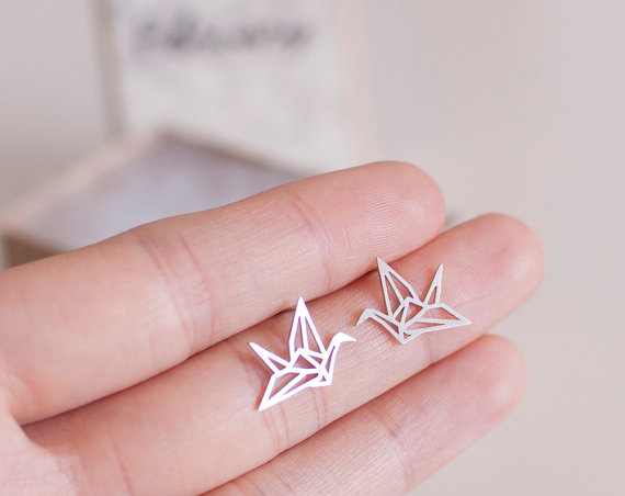 10Pair- S011 Gold Silver Origami Crane Stud Earrings Baby Paper Crane Bird Earrings Stud Little Swallow Earrings Animal jewelry