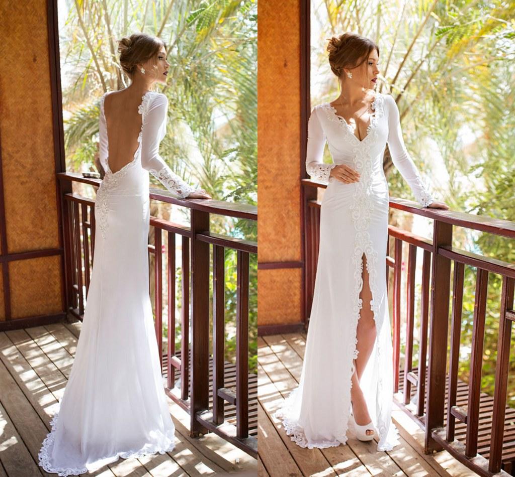 2015 Karen Long Sleeves Julie Vino Wedding Dresses Sexy Backless Lace Applique Front Split Sheath Bridal Gowns Vestidos De Novia, Champagne
2015 Karen Long Sleeves Julie Vino Wedding Dresses Sexy Backless Lace Applique Front Split Sheath Bridal Gowns Vestidos De Novia, Champagne