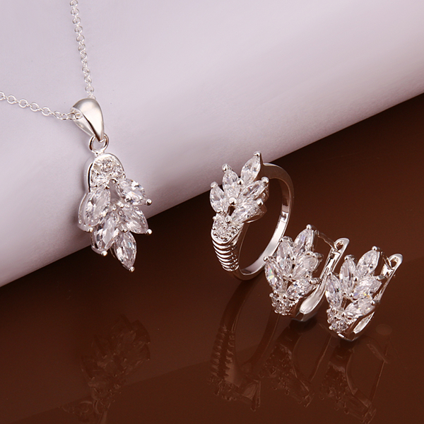 High grade 925 sterling silver Zircon piece leaves jewelry sets DFMSS619 brand new Factory direct sale wedding 925 silver necklace earring