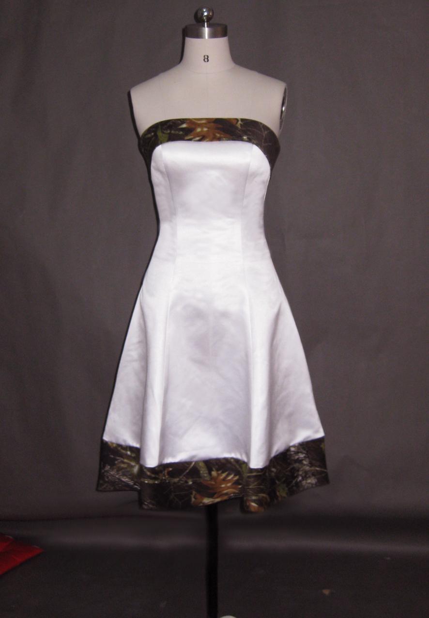 Short Camo Wedding Dresses 2016 Strapless Knee Length Cheap Bridal Gowns A Line White Satin