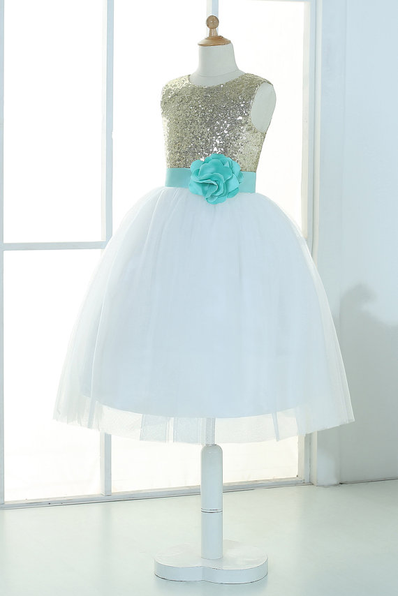 Gold sequins ivory tulle flower girl dress tutu princess kids children junior bridesmaid dress with mint sash detachable for wedding