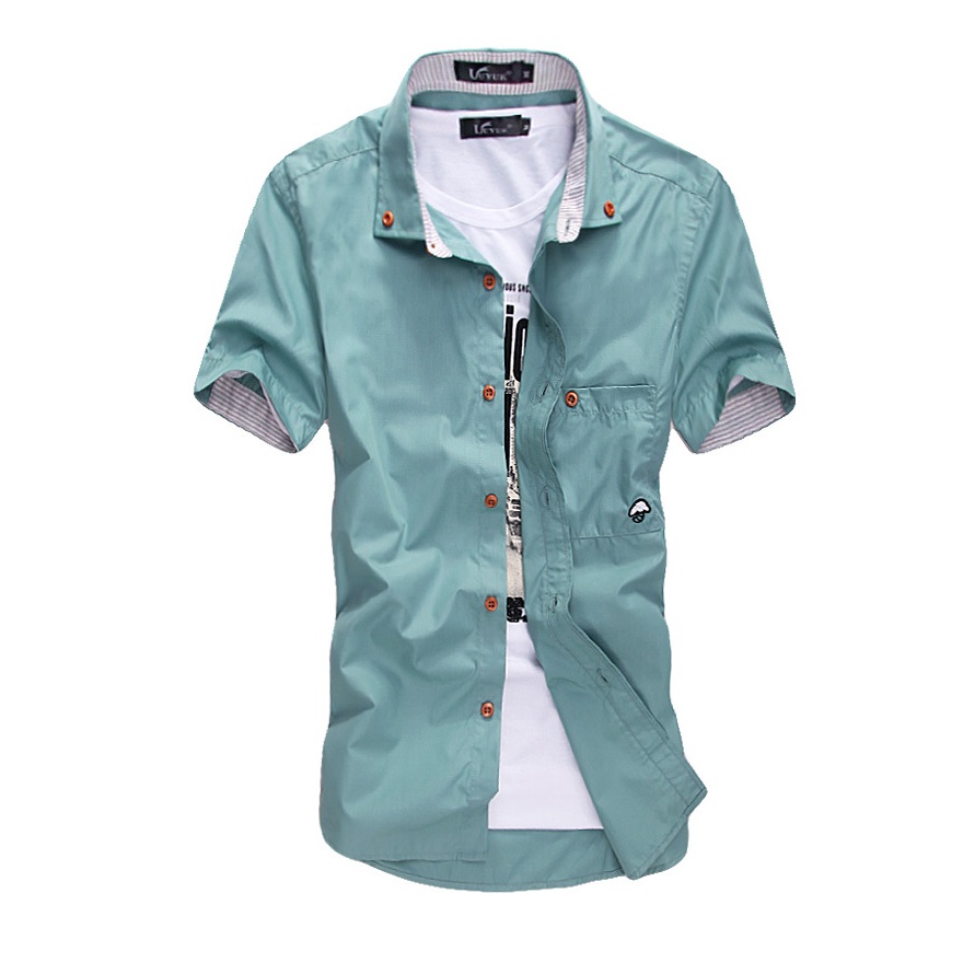 Wholesale-The new summer Style men's shirt style dress embroidered stripes hit color mushroom cultivating short-sleeved The Fashion Design