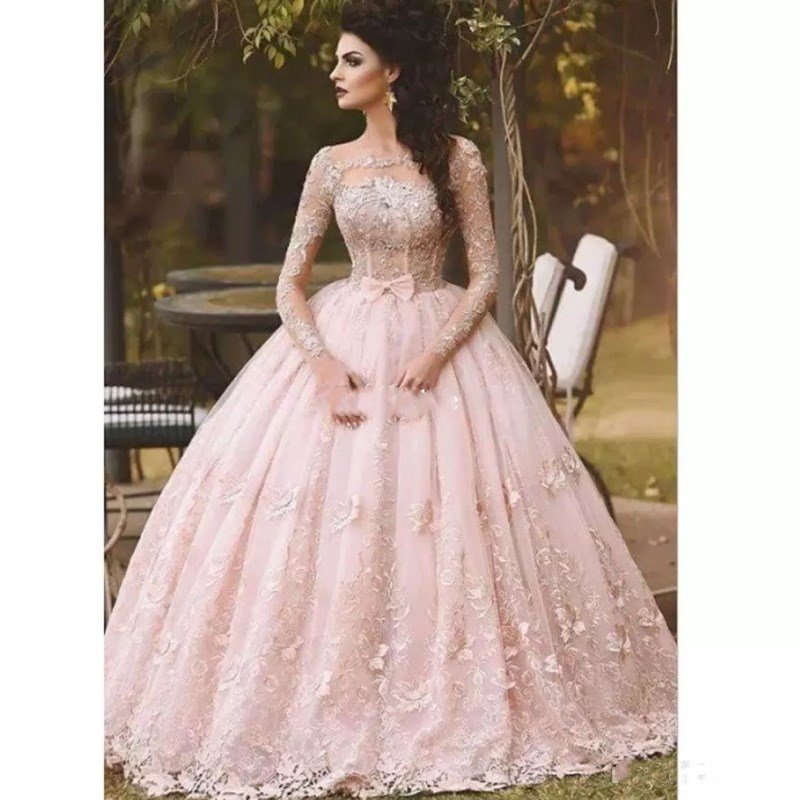 Pink Ball Gown Wedding Dresses Scoop Long Sleeve Illusion Full Lace Appliqued Tulle Tiered Skirts Floor Length Bridal Gown Wedding Dress