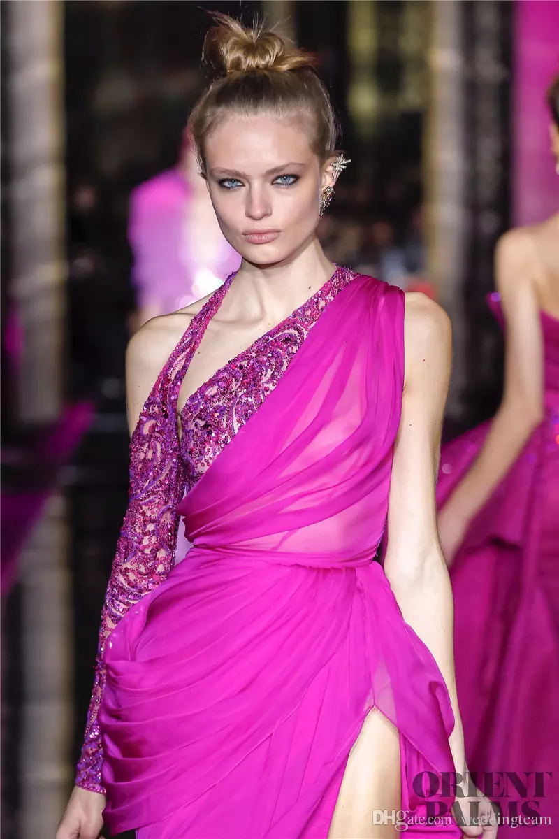 Zuhair Murad 2020 Sexy Evening Dresses One Shoulder Chiffon Thigh Split Formal Party Gown Beading Sequined Long Prom Dress
