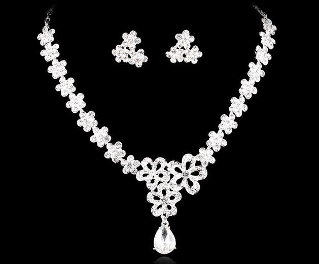 Necklace and Earring Crystal Bridal Jewelry silver plated necklace diamond earrings Wedding jewellery sets for bride Bridesmaids women HT63