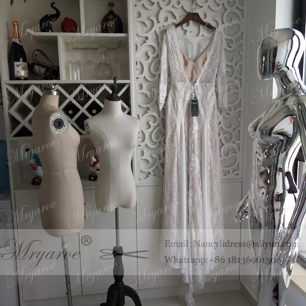 Vintage Lace Bohemian Wedding Dresses French Lace Long Sleeve Boho Wedding Dress Open Back Floor Length Bridal Gown vestido de noiva