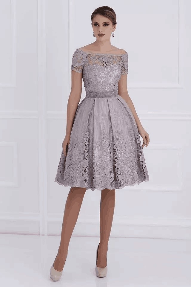 sophisticated mother of bride dresses knee length elegant lace bateau short sleeve design