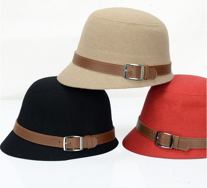 2015 Fashion Women Solid Beach Belt Buckle Bowler Fedora Hat Bowler Caps