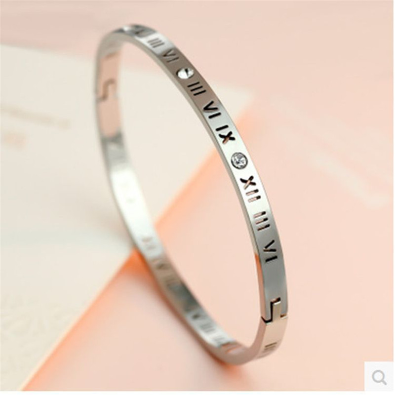 Vecalon Fashion Rome figures Lovers Anniversary Bangle Simulated diamond Cz Titanium Steel Party wedding Bracelet For women men Gift
