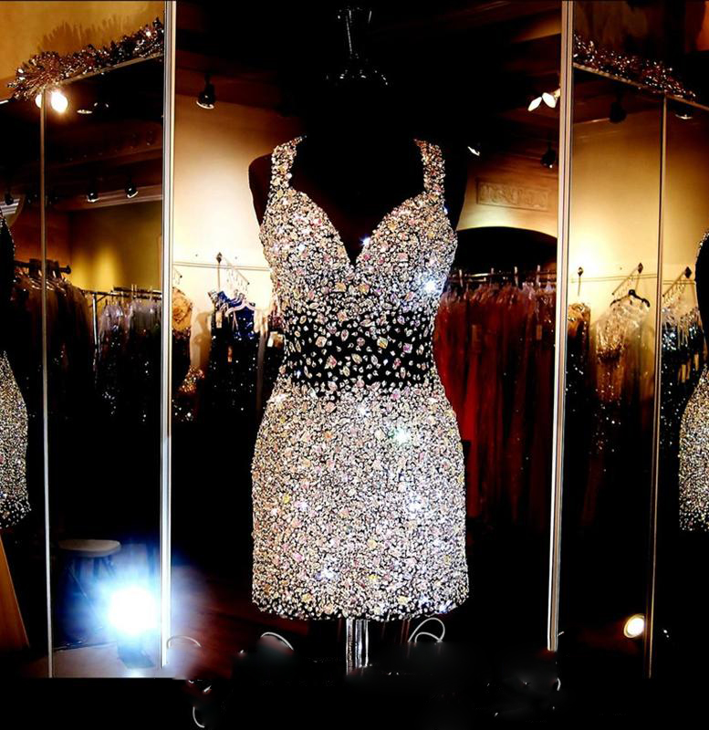 Shiny Crystal 2016 Short Prom Dresses Evening Wear 3 Colors Major Beading Backless Bling Bling Girl Prom Gowns Plus Size