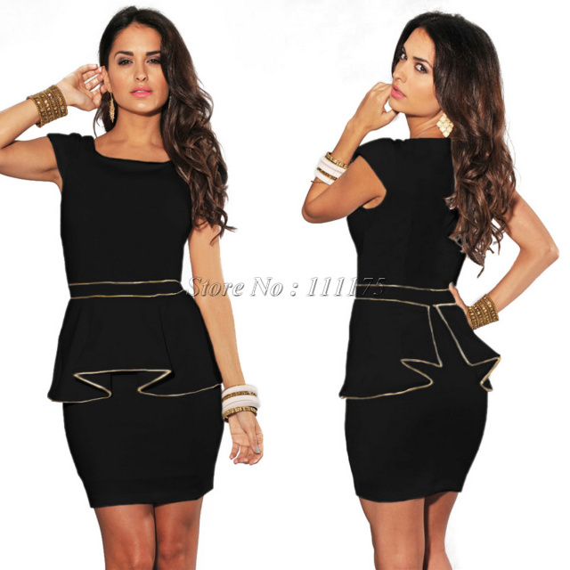 FG1509 2014 New Sexy Black/White Gold Edge Peplum Women Career Office Dresses Prom Clubwear N120