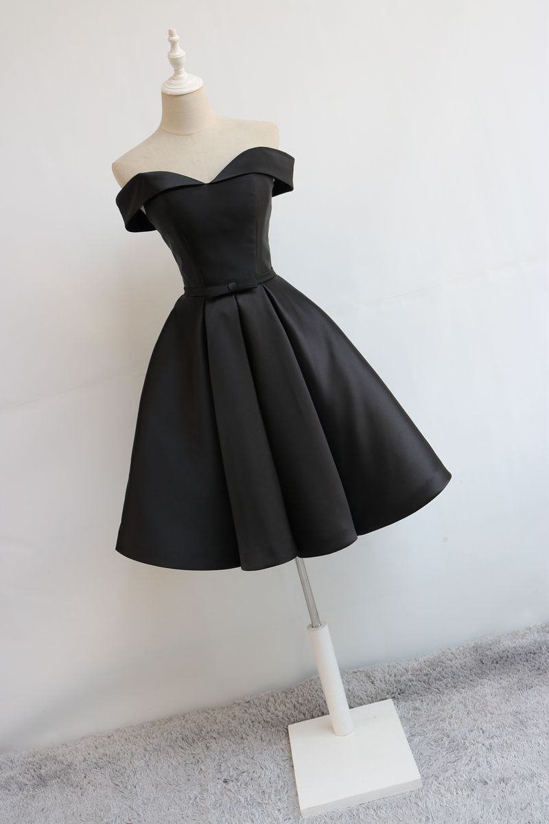 sexy black party dresses off shoulder satin knee length prom gowns laceup zipper back cocktail dresses real pictures