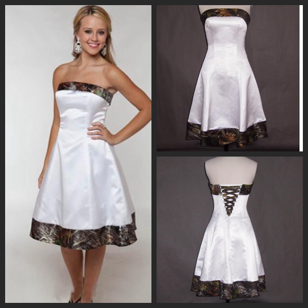 Short Camo Wedding Dresses 2016 Strapless Knee Length Cheap Bridal Gowns A Line White Satin