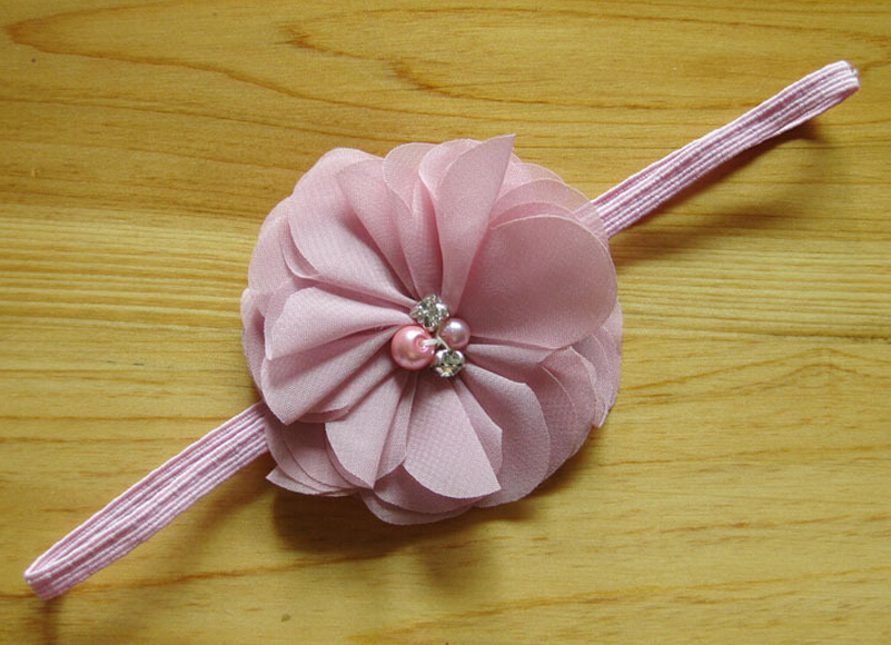 40pcs 3" Chiffon hair bow flower hair accessories kids baby pearl lace applique stretchy Ropes Elastic Headband skinny hair band PJ5212