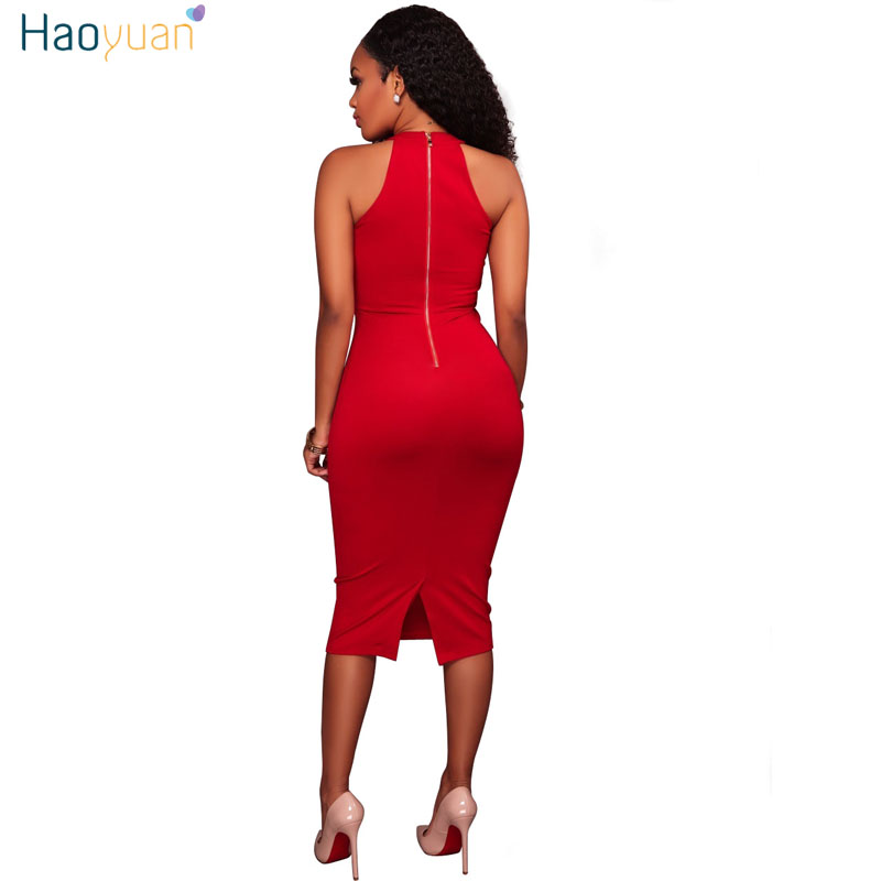 HAOYUAN Off Shoulder Bodycon Dress Sleeveless Back Zipper Robe Sexy Dress Club Vestidos Hollow Out Blue Red Pink Party Dresses q1110