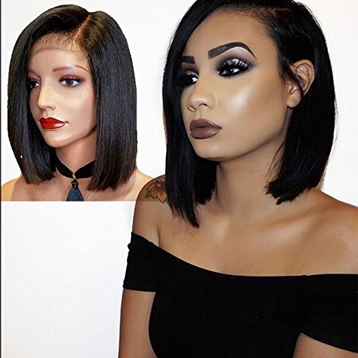 DIVA1 Bob straight human hair full lace wig with side bang 14inch glueless hd front brazilian wigs for black women