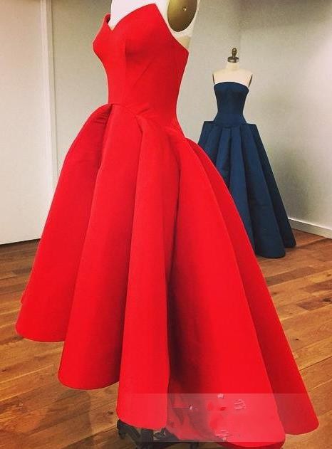 2016 Hot Sale Fashion New Arrival Charming Free Shipping Sweetheart A-Line Tea-Length Red Satin Casual Evening Dresses 1001