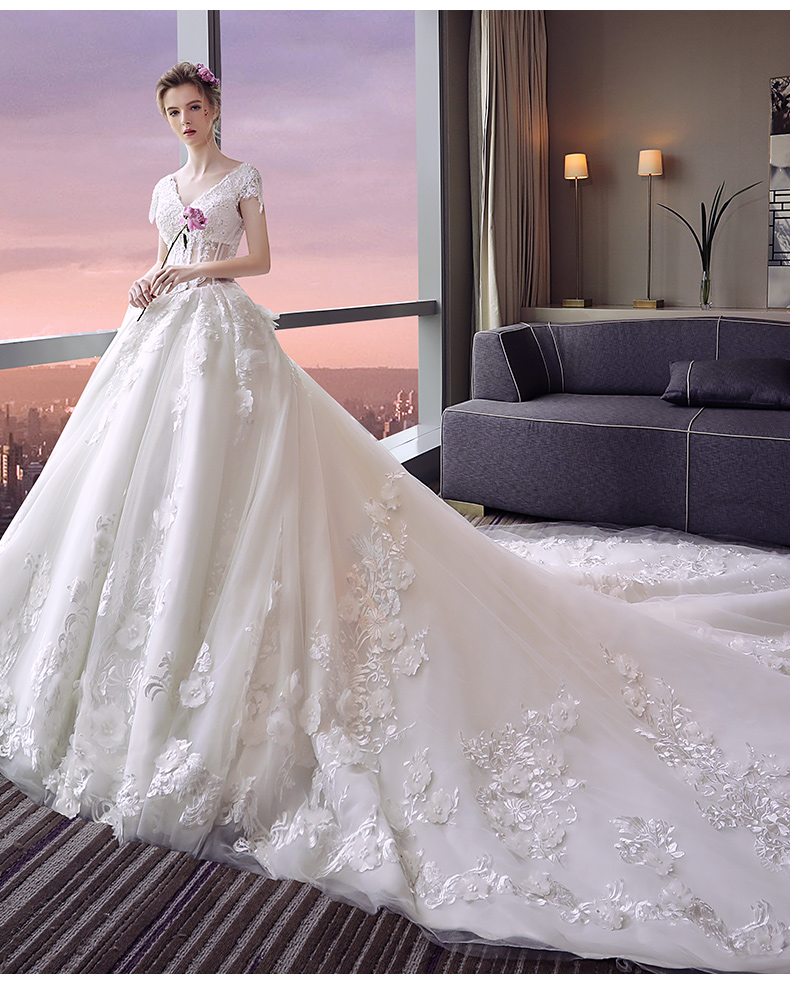 Long Cathedral Train Wedding Dress V Neck Cap Sleeve Lace Applique Beaded 3d Floral Ivory Lace Up Back Tulle Bridal Gown Vestido de