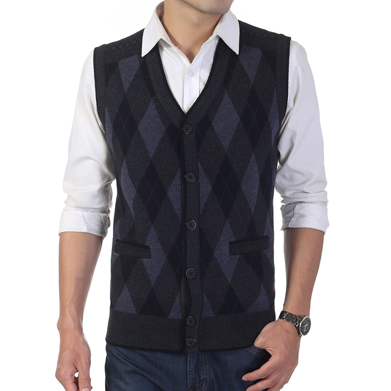 Fall-Autumn Men Knitted Sweater Woolen Vests Male Plaid Single Breasted Sleeveless Vests Cashmere Business Casual Waistcoats W117