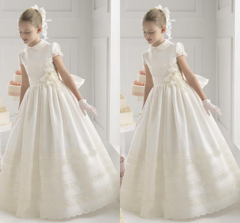 2018 Lovely Flower Girls Dresses Satin Beautiful Lace High Collar Sash Flowers Ruffle Short Sleeve Ankle Length Wedding Birthday Day Dress