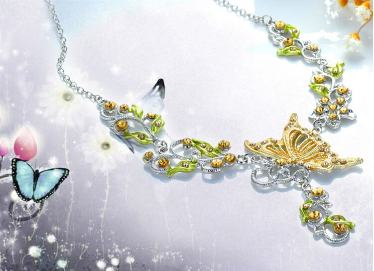 6 Colors Women Butterfly Flower Rhinestone Pendant Statement Necklace Earrings Jewelry Set Fashion Jewelry Bridal Wedding Dress Jewelry Sets