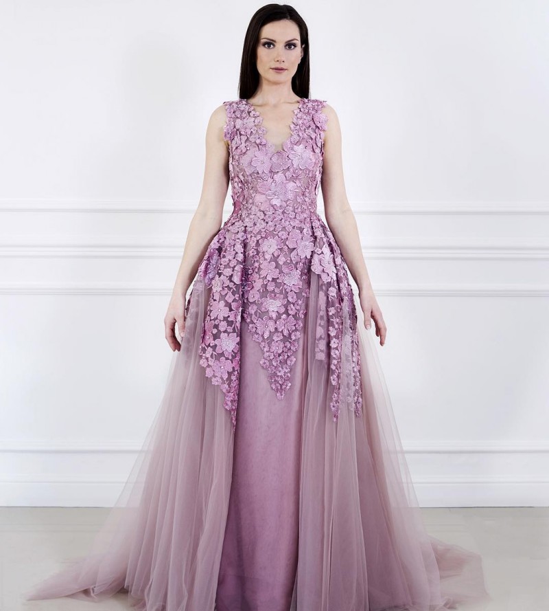 Elie Saab Purple Deep V Neck Evening Dresses Applique Rhinestones Formal Dress Party Evening Wear Plus Size African Prom Dresses Sweep Train