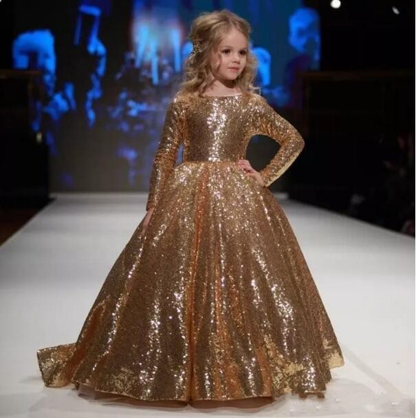 Dresses Pageant Princess Sparkly Gold Sequins Jewel Neck Long Sleeves Or Length Kids Wer Girls Dress Cheap Birthday Gowns