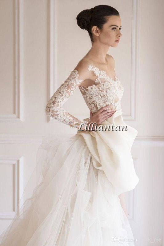 Delicate Short Lace With Detachable Skirt Appliqued Beach Wedding Gowns Long Sleeve Bridal Dresses Illusion Tulle Customize 0510