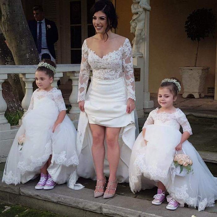 Classy Lace Flower Girl Dresses With Half Sleeves For Weddings Appliqued Little Girls Pageant Dress Tulle Sweep Train A Line Communion Gowns