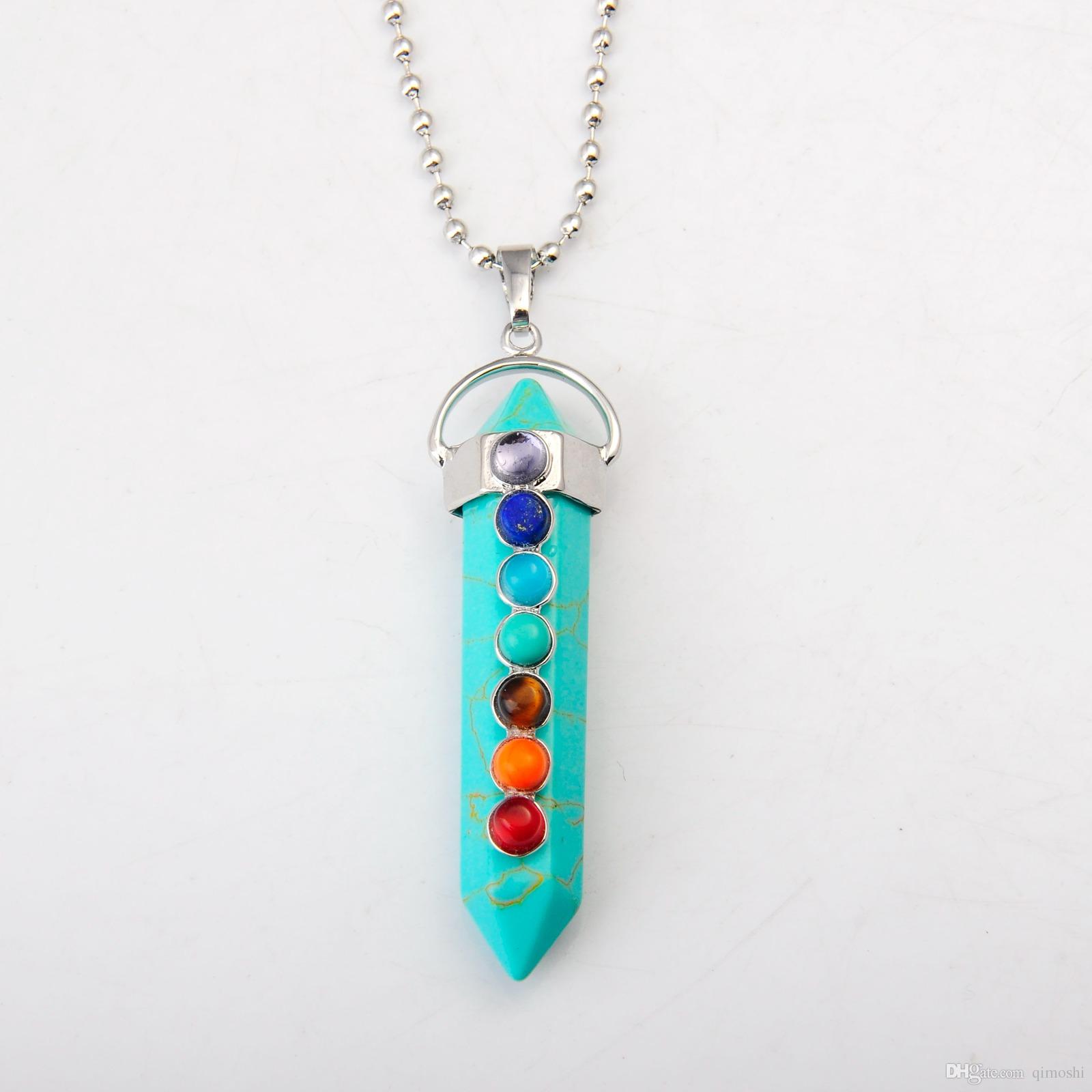 joyagift Natural Turquoise Gemstone Hexahedron Pendulum Pendants with 7 Chakra Crystal Gemstone for Women Jewelry Gift