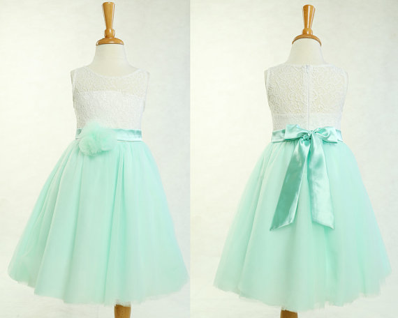 Lace flower girl dress, mint green flower girl dress, tulle baby girl dress, toddler country , short mint dress