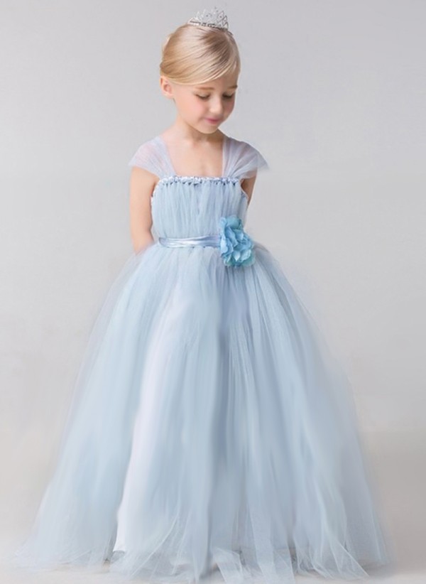 Light Blue Flower Girl Dresses With Hand Made Flower Cap Sleeve Floor Length Girls Pageant Dress Princess Cheap Gown