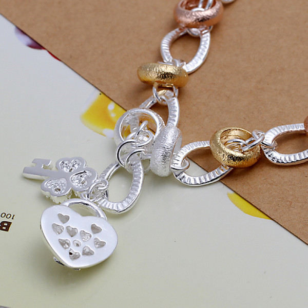 925 silver Hanging dichroic insets heart lock,flower spoon bracelet DFMCH233, fashion sterling silver plated Chain link bracelets high grade