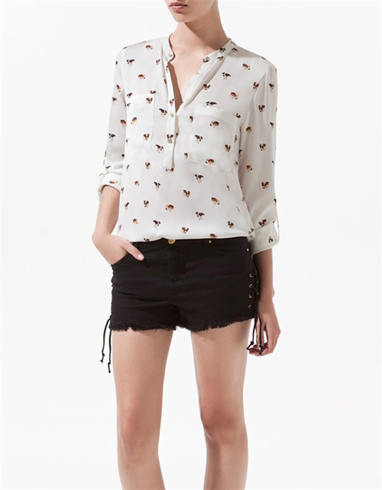 Spring 2014New Fashion Dogs Chiffon Shirt/ Collarless Loose Cusual Animal Printed Long Sleeve Chiffon Blouse For Women,White