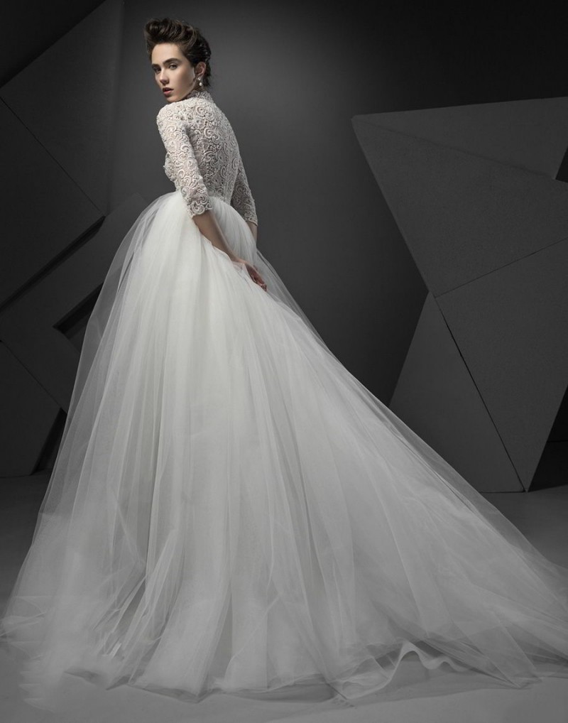 Ersa Atelier High Neck 3/4 Long Sleeve Wedding Dresses Lace Applique Modest Vintage Wedding Gown Sweep Train Plus Size Bridal Dress