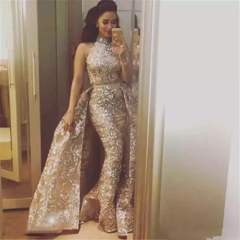 2018 High Neck Mermaid Evening Dresses With Overskirt Sparkly Lace Applique Sequins Dubai Arabic Prom Dresses Evening Gowns Custom Made