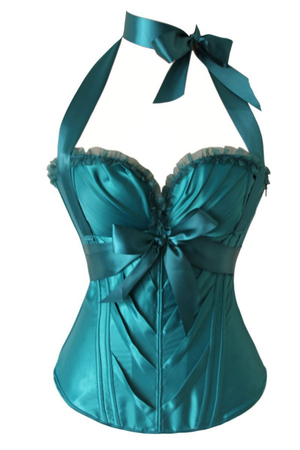 Women's Sweetheart Halter Bowknot V Neck Overbust Corset Bustier and Hi-Low High Low end Layered Mesh Skirt Costume