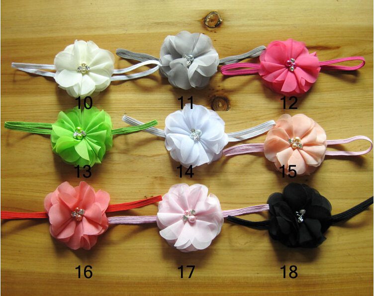 40pcs 3" Chiffon hair bow flower hair accessories kids baby pearl lace applique stretchy Ropes Elastic Headband skinny hair band PJ5212