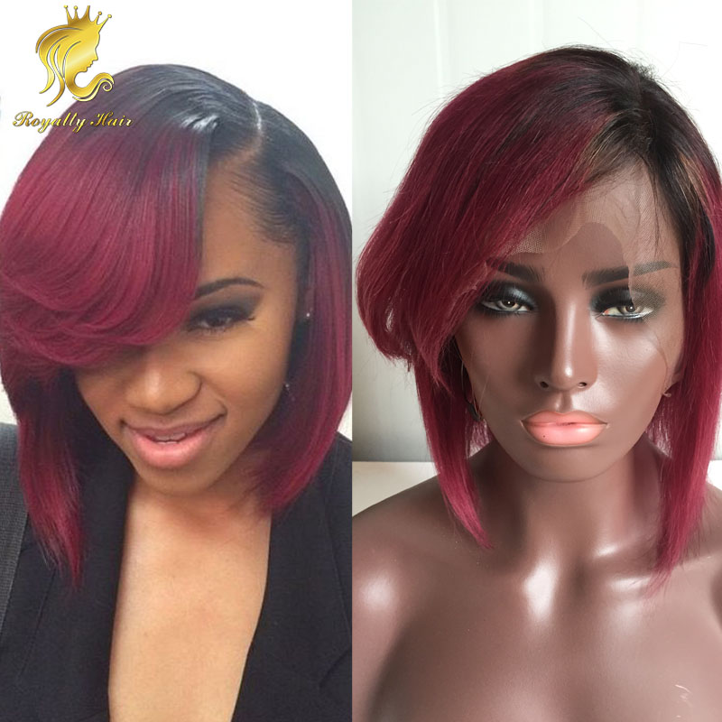 Full lace ombre human hair wigs bob short ombre two tone wig glueless ombre #1b burgundy human hair with bangs