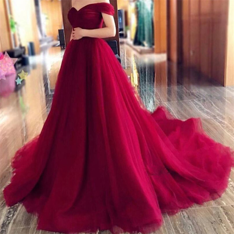 Sexy Dark Red Prom Gowns off Shoulder Lace-up Back Court Train Long Evening Dresses Strapless Lace